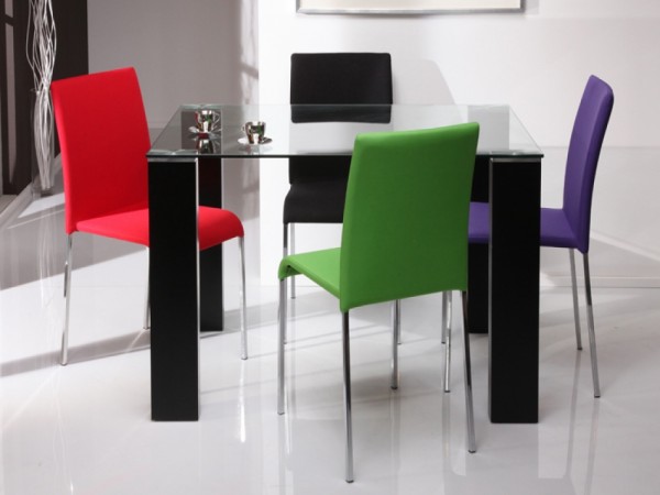 E-Spirit Clear Glass Dining Set with 4 Coloured Fabric Dining Chairs