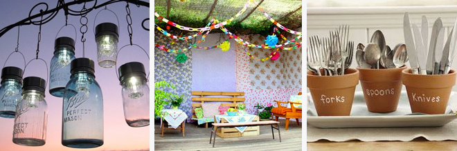 Left: Mason Jars hanging from trees.  Centre: bright Mexican fiesta theme. Right: Cutlery pots.  All found via Pinterest.