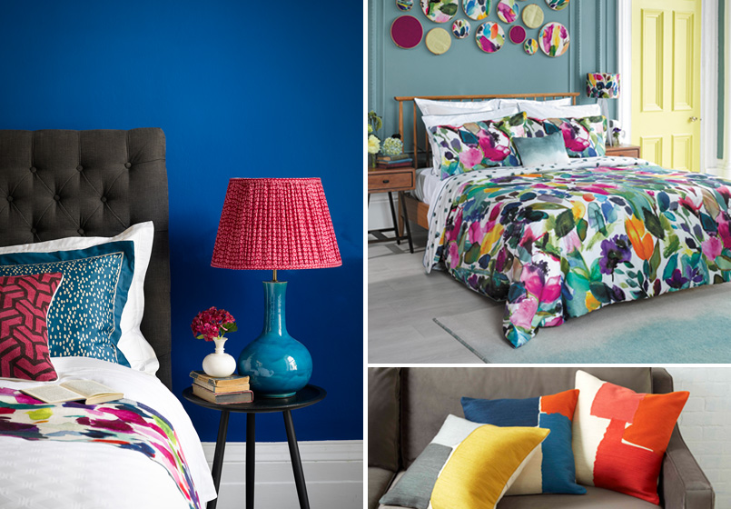 Accessorise with colour. Photo credits: bluebell grey.com, westelm.co.uk, pooky.com.