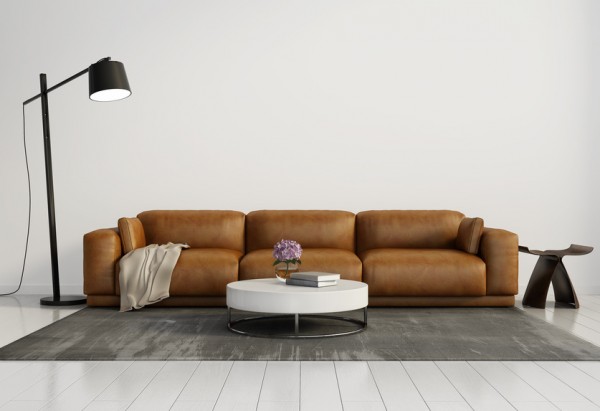 Contemporary elegant living room, leather sofa, white wood floor